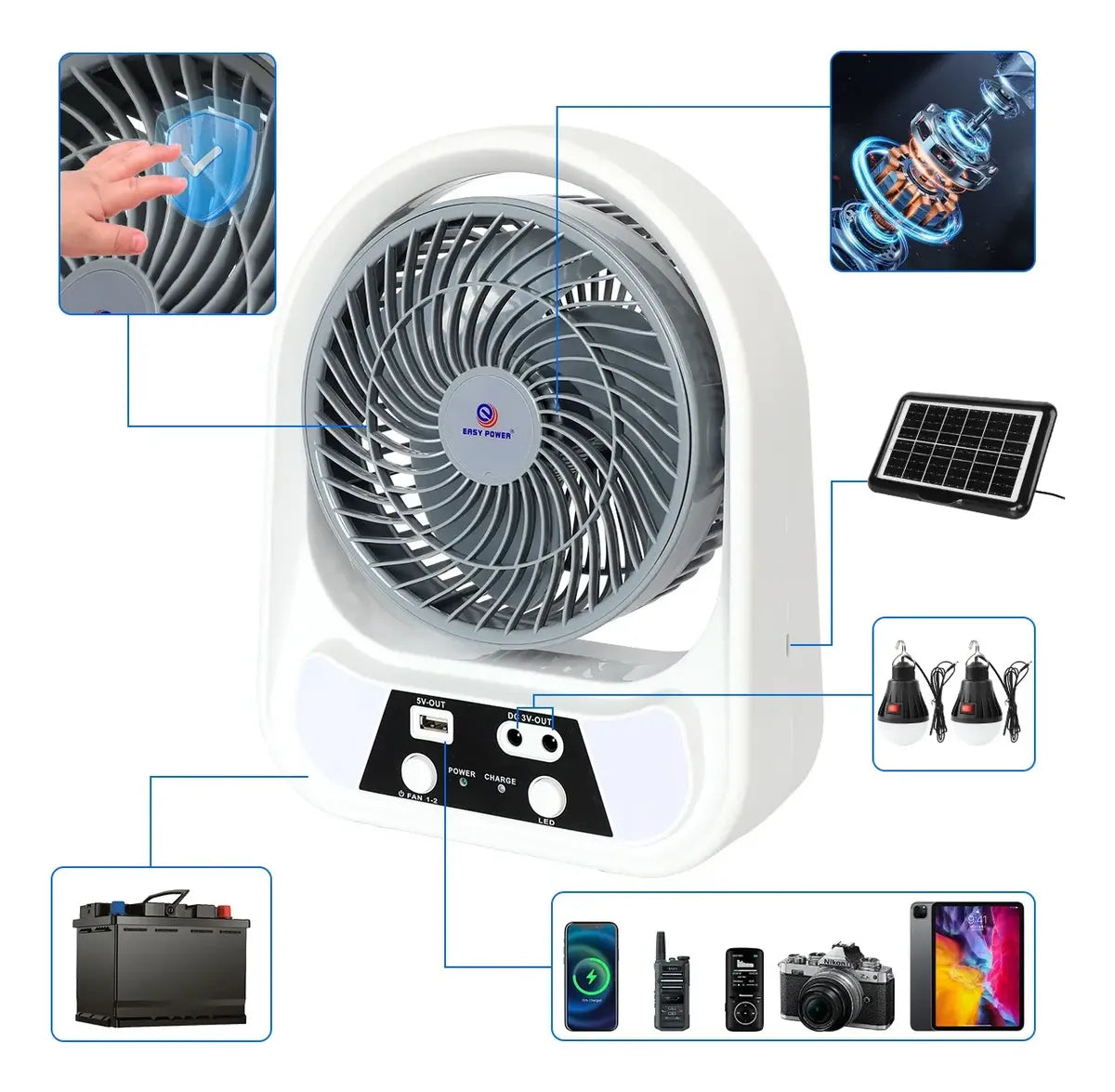 ABANICO SOLAR RECARGABLE PORTATIL 8"