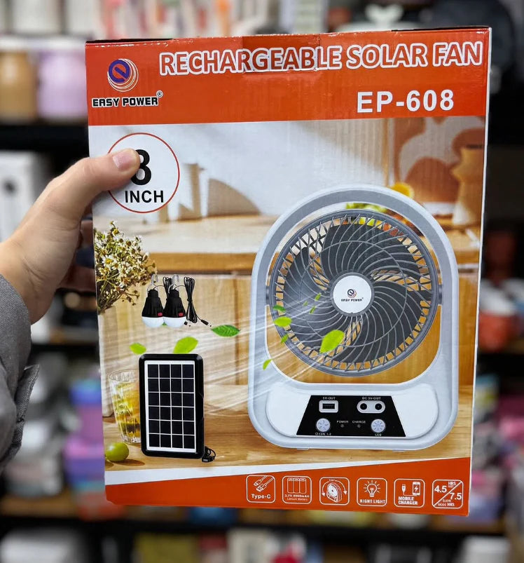 ABANICO SOLAR RECARGABLE PORTATIL 8"